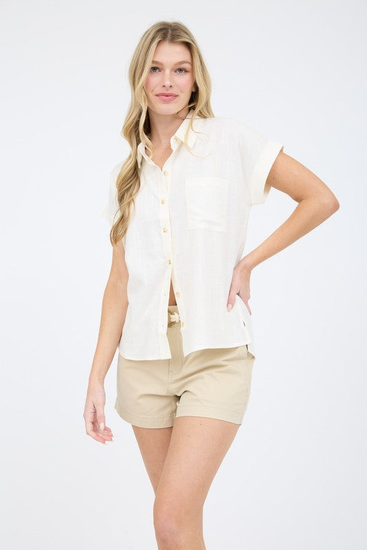 blu pepper off white short sleeve button down shirt