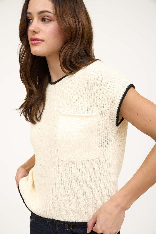 blu pepper cream contrast knit pocket top