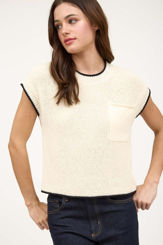 blu pepper cream knit top with black trim