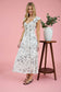 white and black floral flutter sleeve long dress