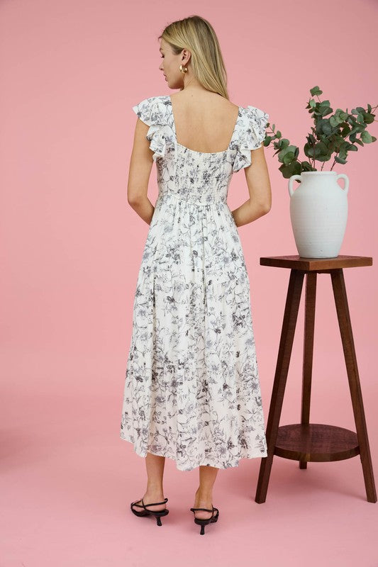 black and white floral short sleeve midi dress