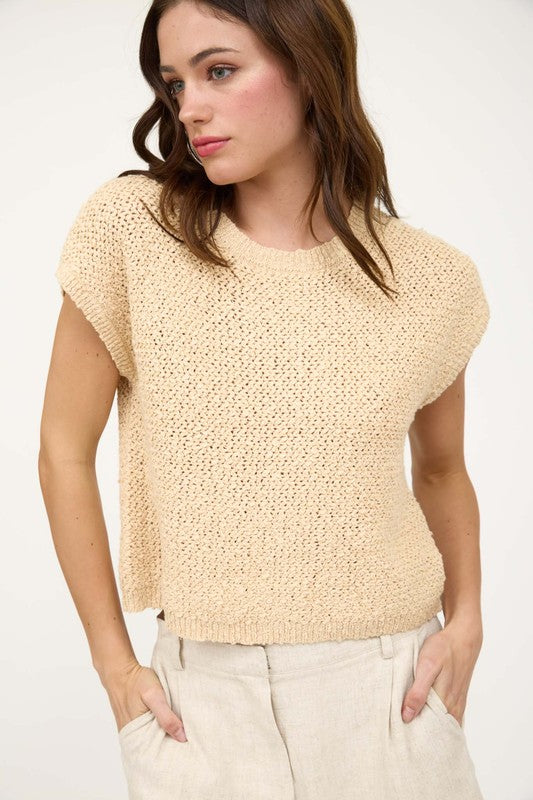 blu pepper khaki knit boxy short sleeve top
