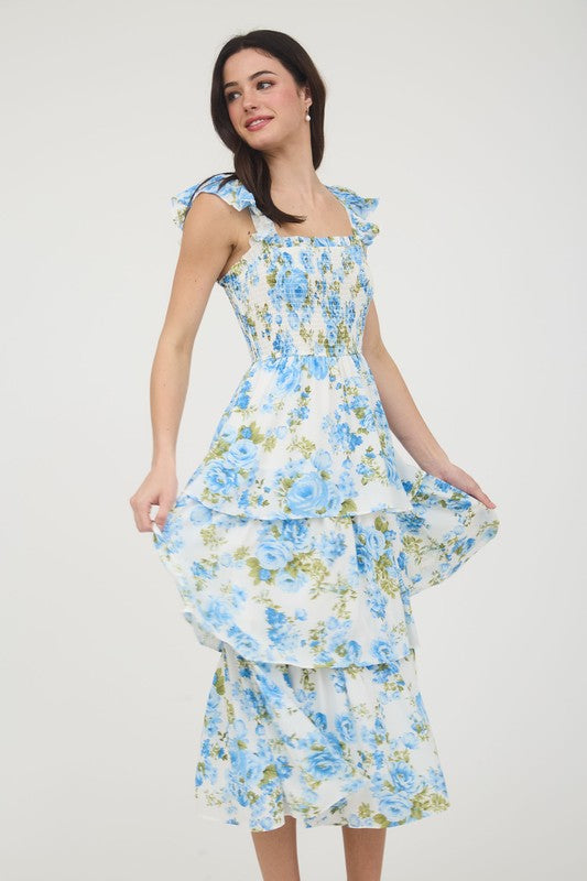 blu pepper blue floral fit and flare midi dress