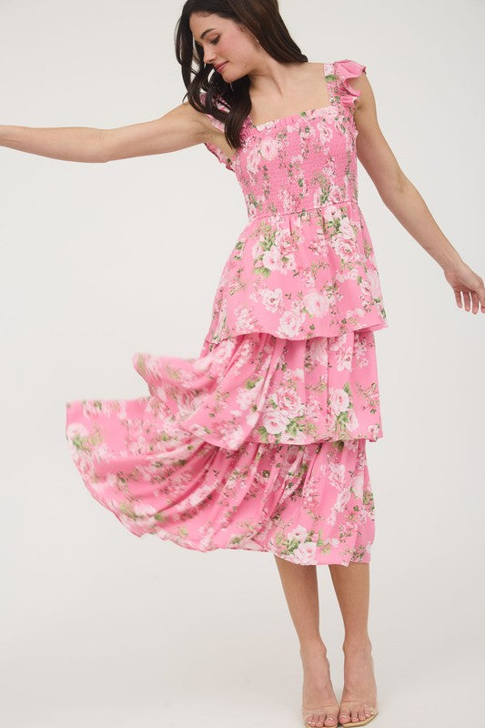 blu pepper pink floral tiered long dress