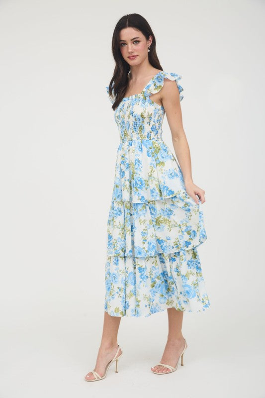 blu pepper blue ruffle floral tiered midi dress