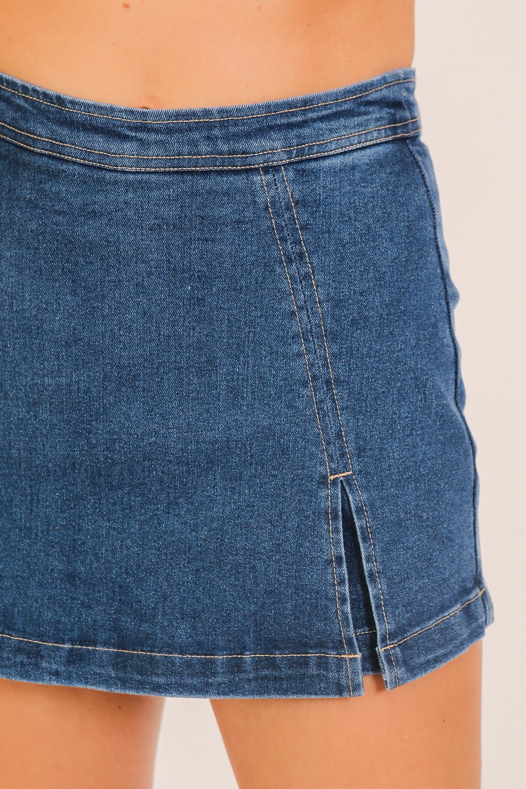 high rise denim skort