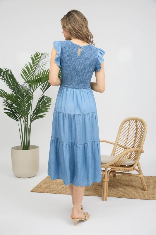 fit and flare chambray dress KARL LAGERFELD PARIS Women's Bow Hardware Chambray Denim Midi Dress - Blue - Size 16