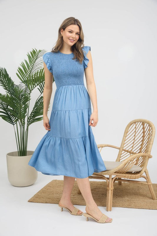 smocked midi dress short sleeve Short Sleeve Smocked Waist Midi Dress with Zip Closure Red Pink / L