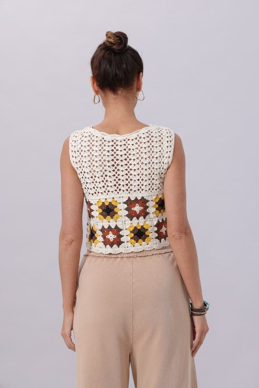 ivory floral crochet knit vest