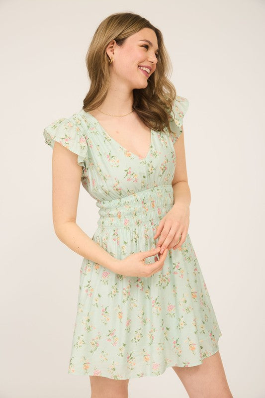 blu pepper sage green floral flutter sleeve short dress