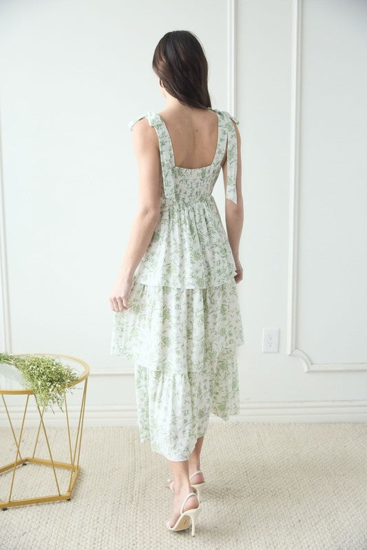 blu pepper green floral fit and flare tie strap long dress