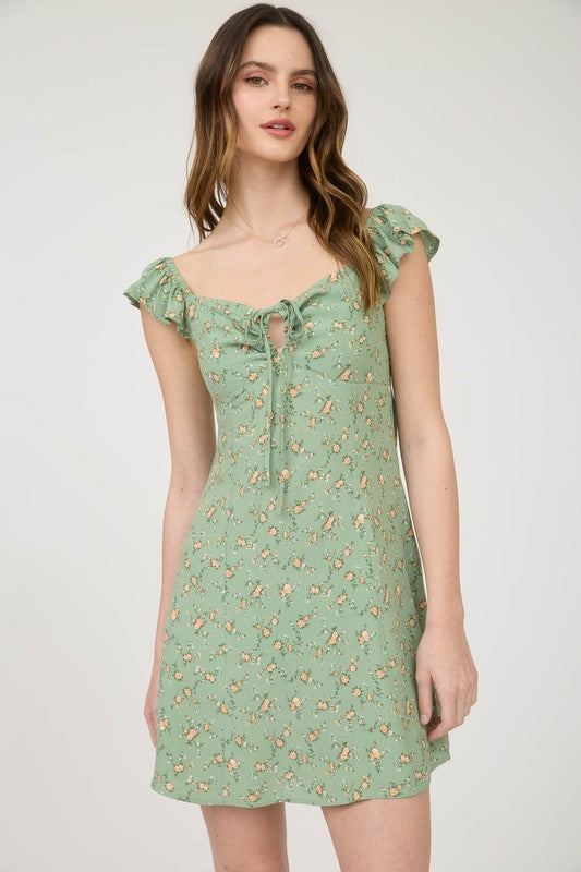 Green Floral Cut Out Short Dress L Green Floral Cut Out Short Dress L