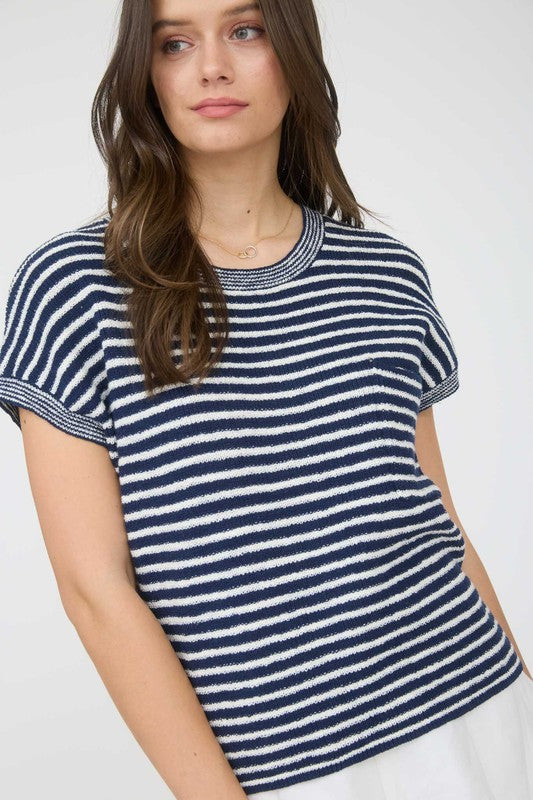 blu pepper navy blue striped short sleeve knit top