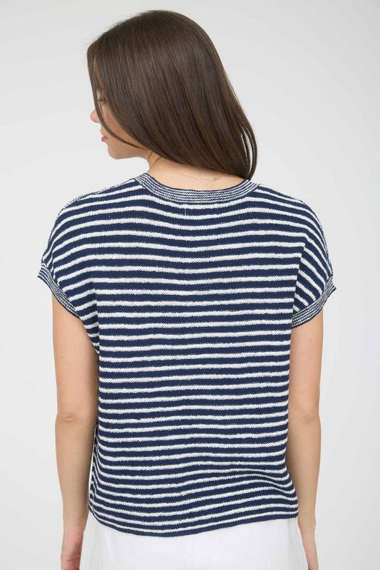 blue and white striped short sleeve pocket top