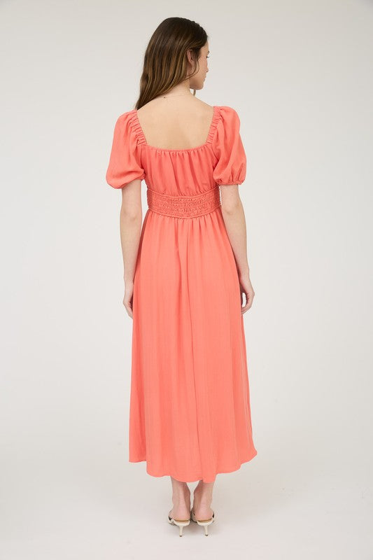 coral short sleeve lined midi dress