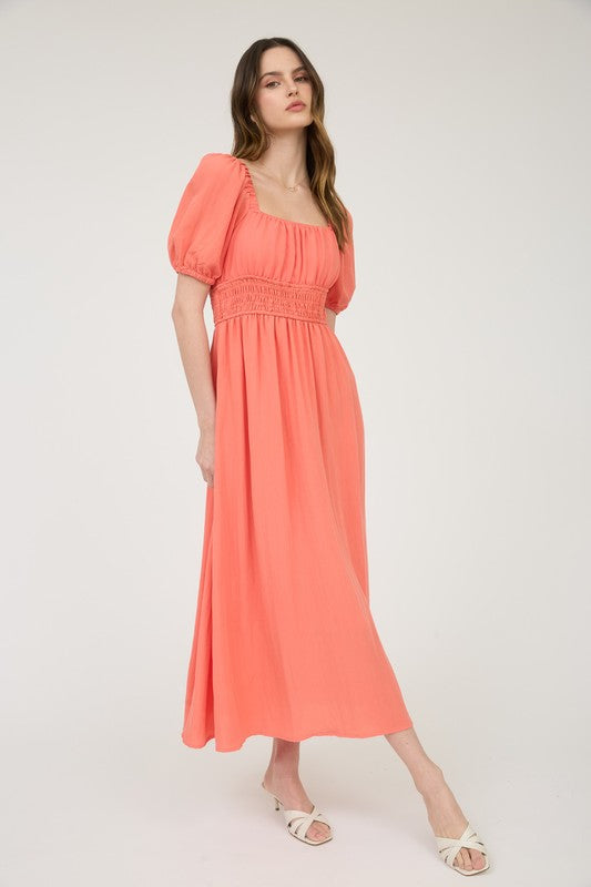 blu pepper coral short puff sleeve square neck midi dress