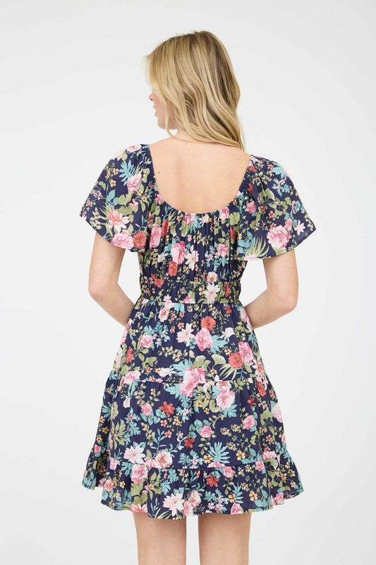 blu pepper navy floral flutter sleeve mini dress
