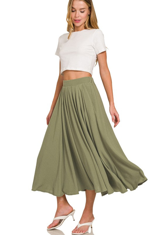 Olive Green Elastic Waist Skirt