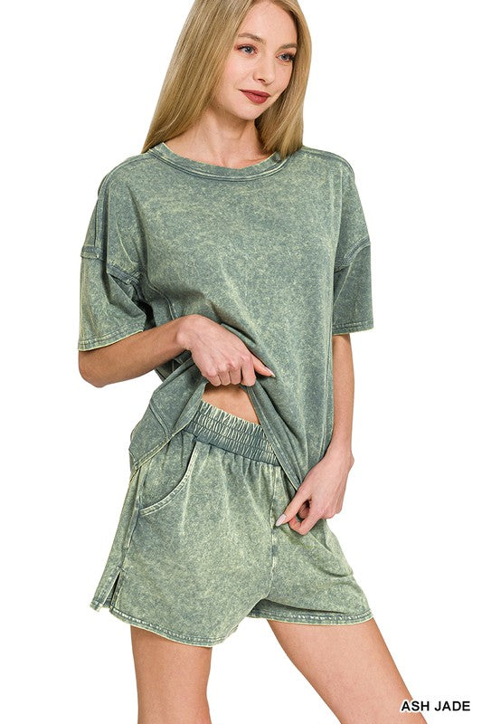Jade Green Mineral Wash Elasitc Pocket Shorts (Part of Set)