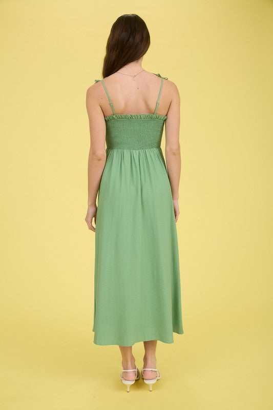 blu pepper green sleeveless spaghetti strap midi dress