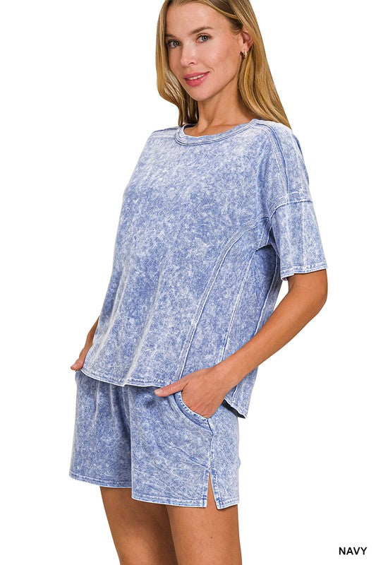 blue mineral wash shorts lounge set