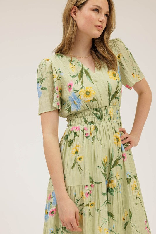 green floral long dress with sleeves