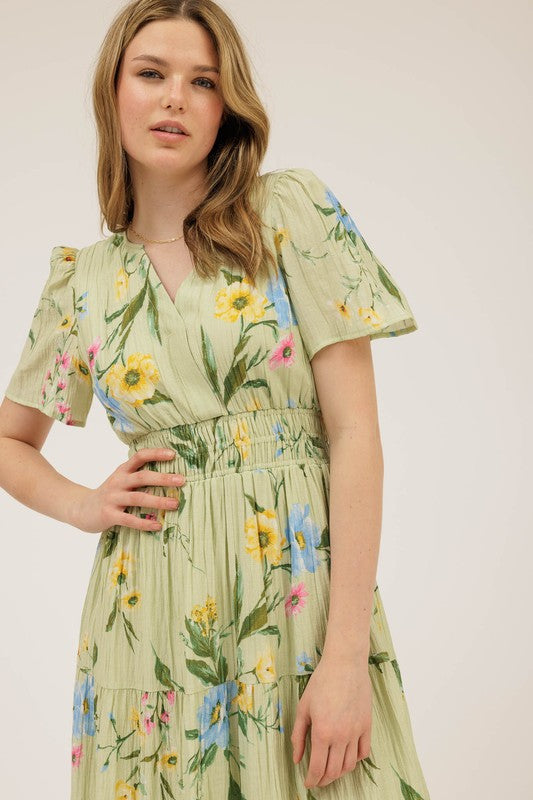 green short sleeve fit and flare long dress