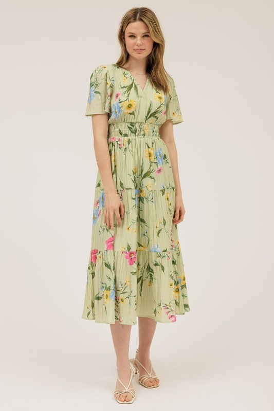 blu pepper sage green floral short sleeve midi dress