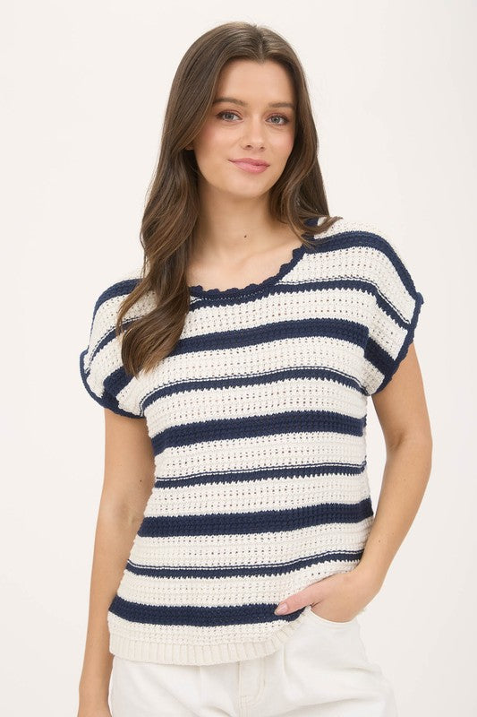 blu pepper blue and white knit short sleeve top