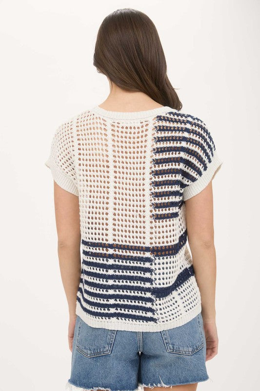 blue and white long crochet top