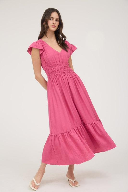 blu pepper pink ruffle sleeve v neck fit and flare midi dress