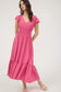 bright pink short sleeve fit and flare long dress