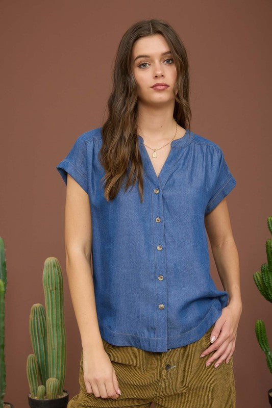 blu pepper dark blue chambray button short sleeve top