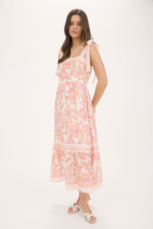 pink sleeveless floral fit and flare midi dress