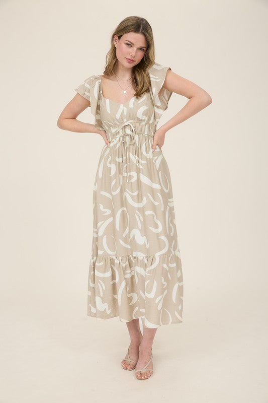 blu pepper beige printed short sleeve long dress
