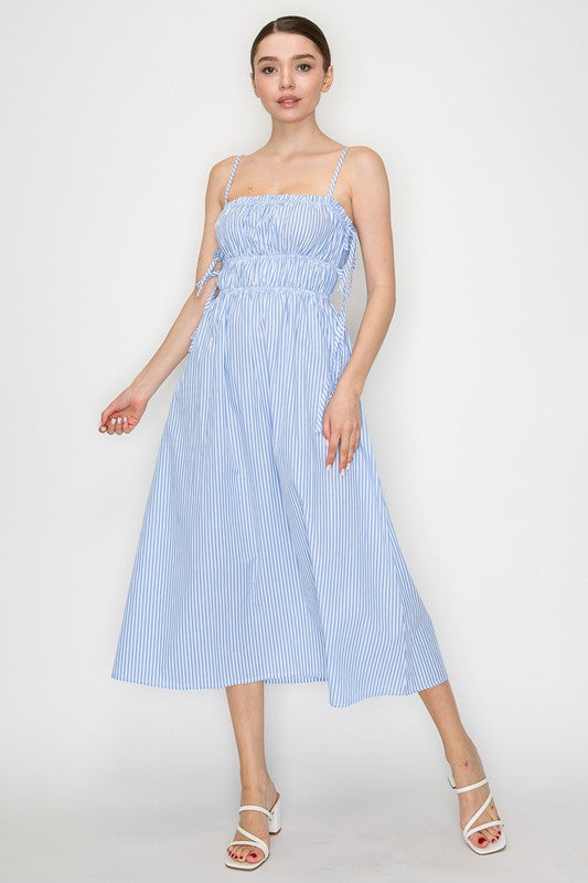 iris blue striped sleeveless midi dress