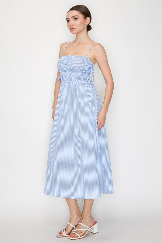 blue striped fit and flare long dress