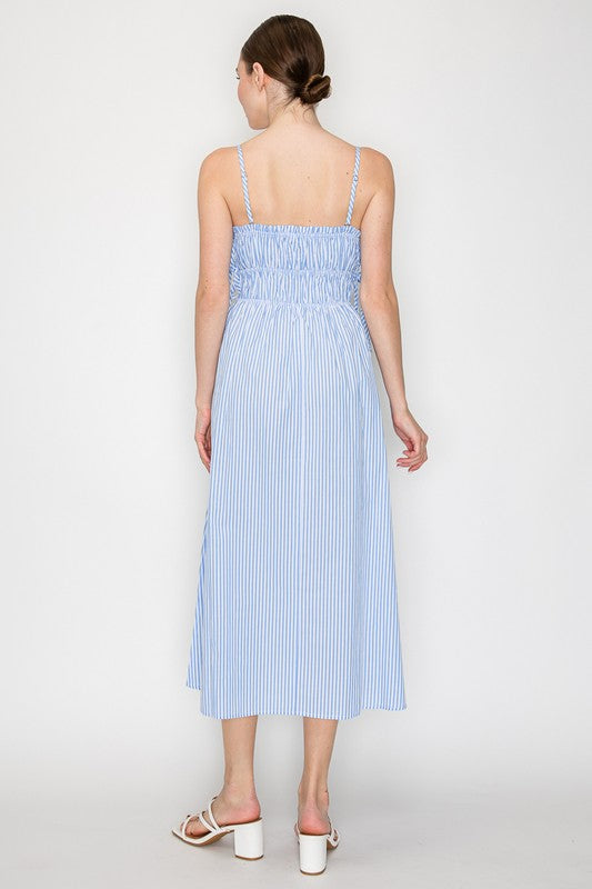blue pinstriped fit and flare midi dress