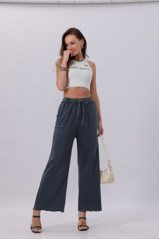 black elastic waist wide leg pants