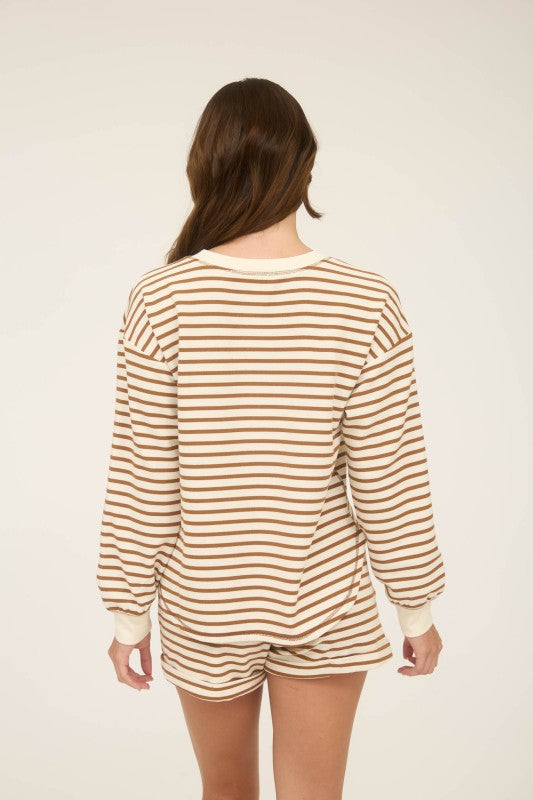brown and cream striped long sleeve top
