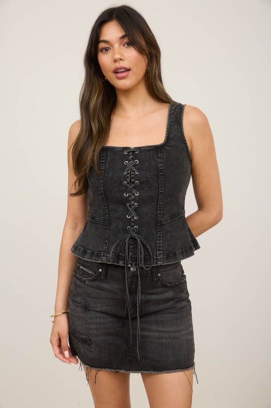 blu pepper black sleeveless denim top