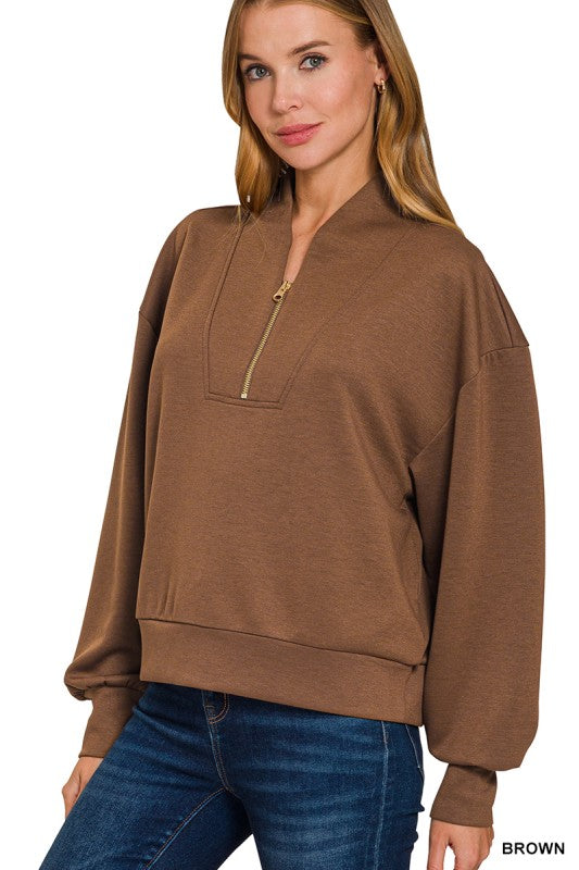zenana brown quarter zip pullover