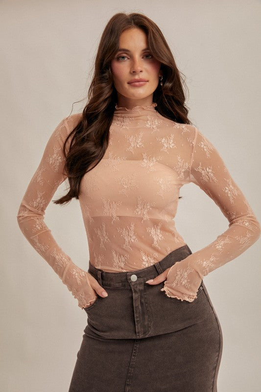 hem and thread pink lace long sleeve top