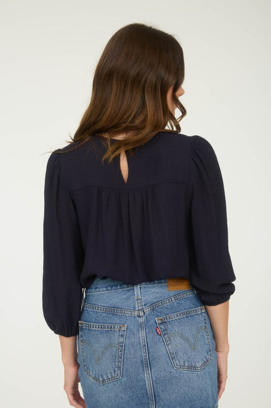 Navy Floral Embroidered Quarter Length Sleeve Top