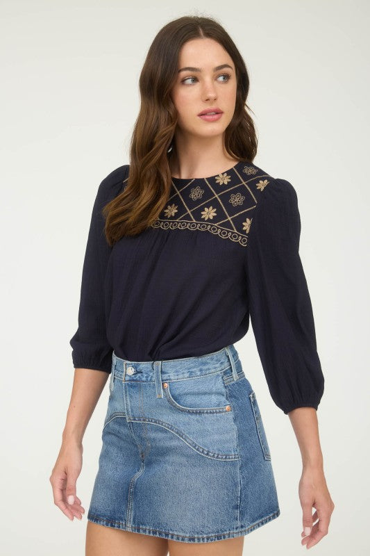 blu pepper navy blue embroidered quarter length sleeve top