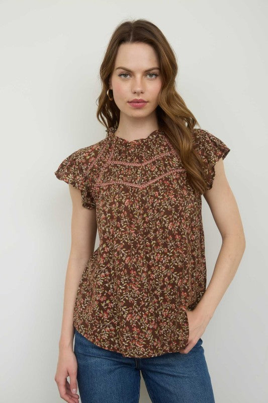 blu pepper brown flutter sleeve top