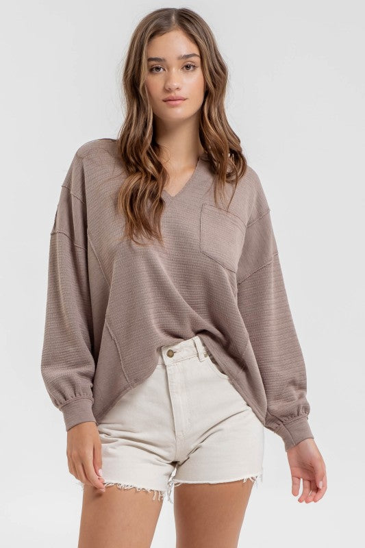 blu pepper mocha long sleeve pocket top