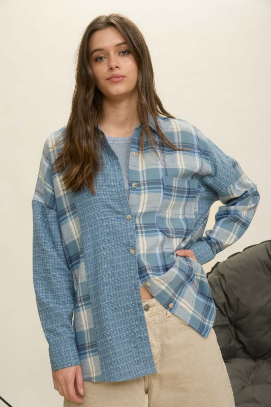 blu pepper blue plaid contrast denim shirt