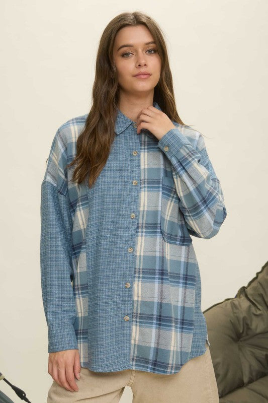 blue contrast plaid button down collar shirt women