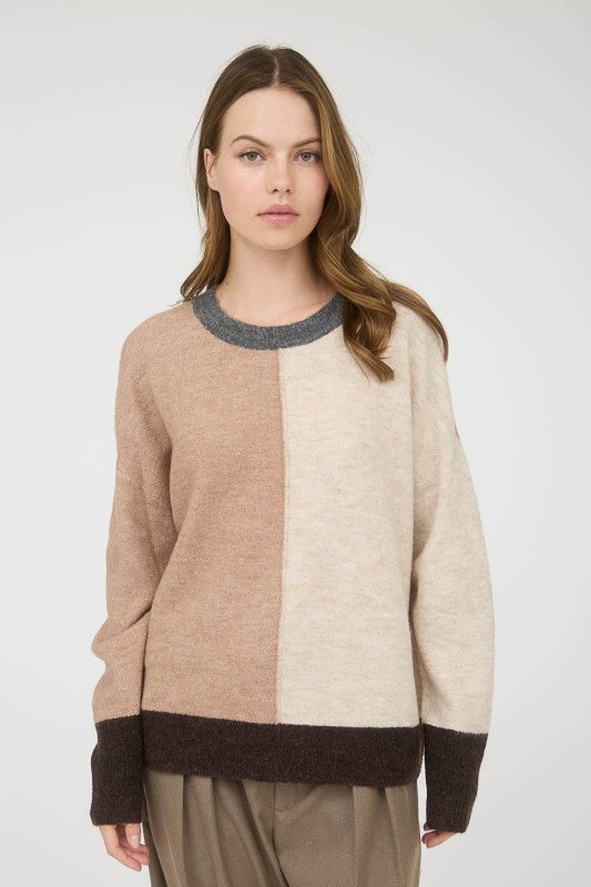 blu pepper cream and tan color block pullover sweater